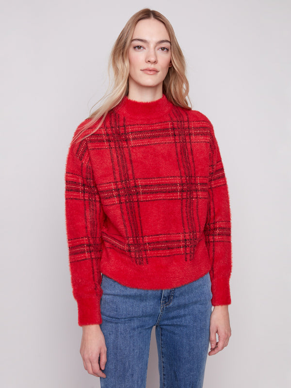 Chic red plaid sweater crafted from soft eyelash fabric for ultimate comfort and style by Charlie B.