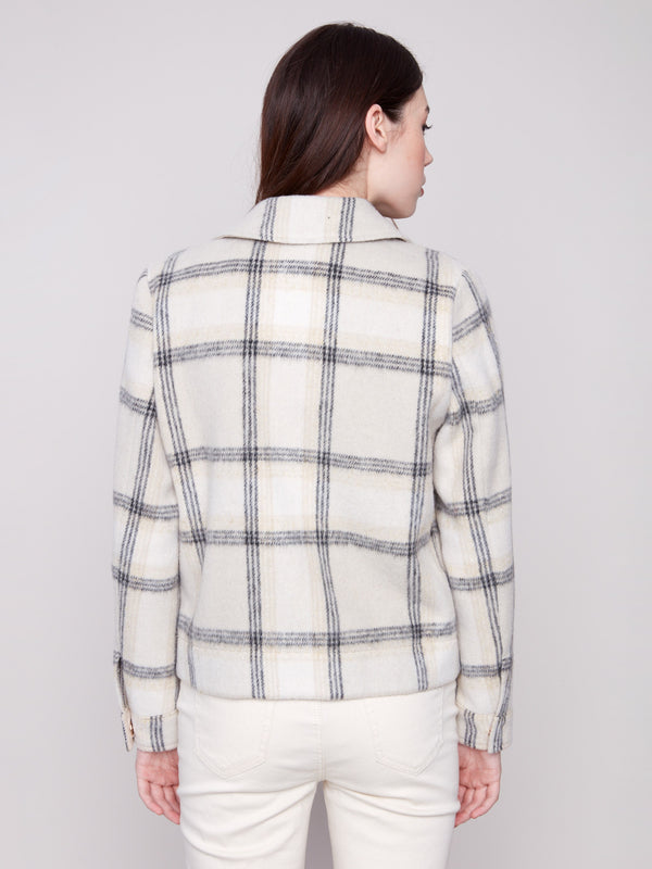 Chic beige plaid short coat with practical snap buttons closure, long sleeves, and tailored design by Charlie B.