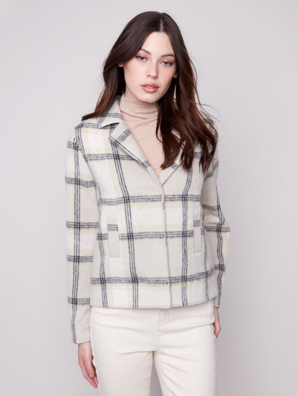 Cozy short coat in a subtle beige plaid pattern, enhanced with a touch of lurex thread for extra sparkle by Charlie B.
