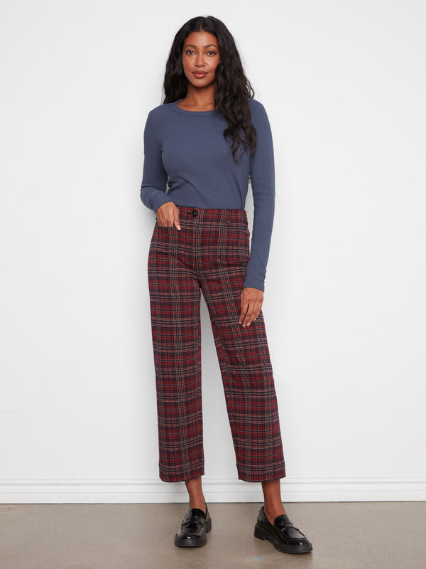 Plaid Patch Pocket Wide Leg Ponte Pants - Equestrian