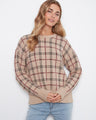 Plaid sweater in Heather-Biscotti with ribbed cuffs, showcasing a drop shoulder design for added comfort by Charlie B.