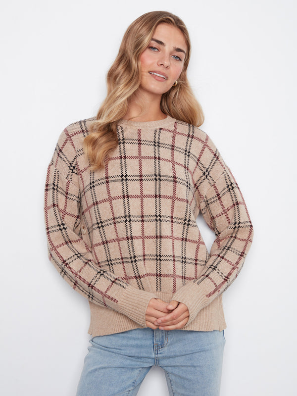 Plaid Sweater With Side Buttons - Heather Biscotti