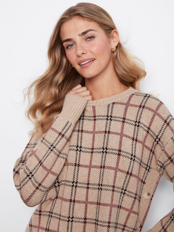 Plaid Sweater With Side Buttons - Heather Biscotti