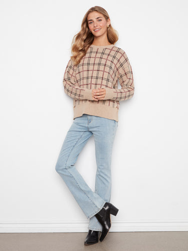Stylish plaid sweater in Heather-Biscotti with a relaxed drop shoulder fit and ribbed detailing by Charlie B.