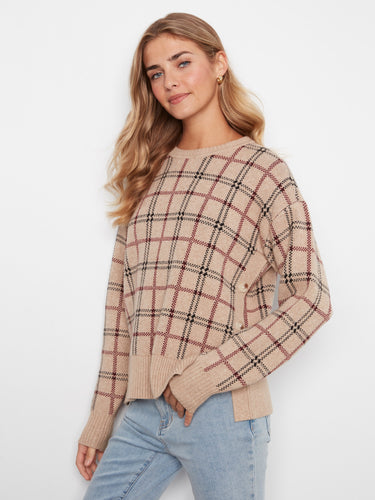 Heather-Biscotti plaid sweater crafted with attention to detail, highlighting the unique side buttons by Charlie B.