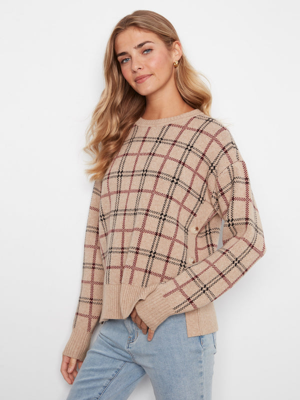 Plaid Sweater With Side Buttons - Heather Biscotti