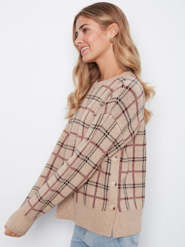 Chic plaid sweater in Heather-Biscotti designed with a classic crew neck and comfortable drop shoulders by Charlie B.