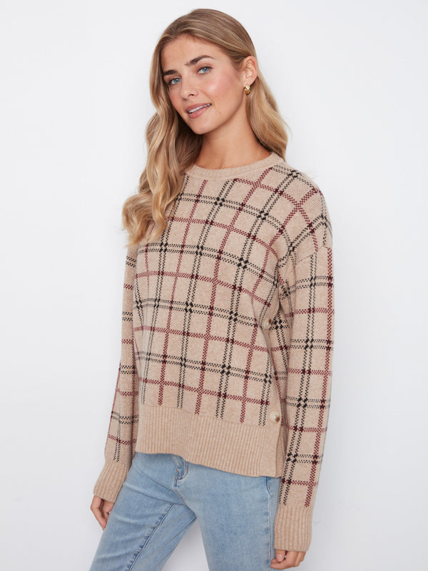 Plaid Sweater With Side Buttons - Heather Biscotti