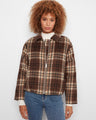 Chocolate plaid bomber jacket featuring a front zipper closure and shirt collar by Charlie B.