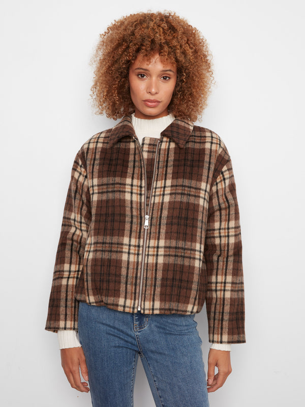 Plaid Wool Blend Bomber Jacket - Chocolate