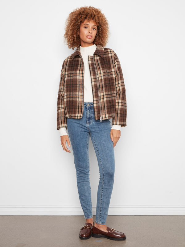Plaid Wool Blend Bomber Jacket - Chocolate