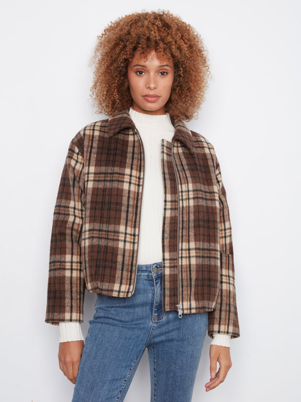 Plaid Wool Blend Bomber Jacket - Chocolate