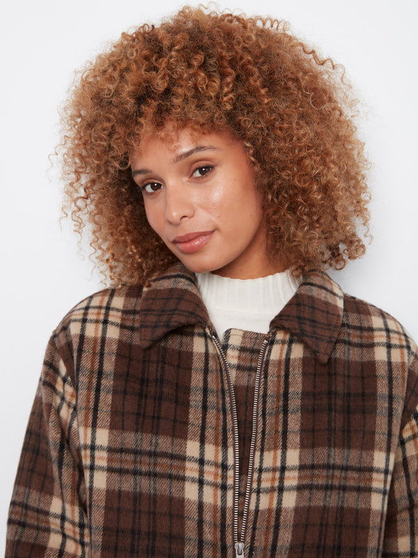 Plaid Wool Blend Bomber Jacket - Chocolate