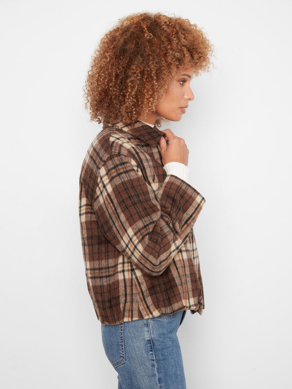Plaid Wool Blend Bomber Jacket - Chocolate
