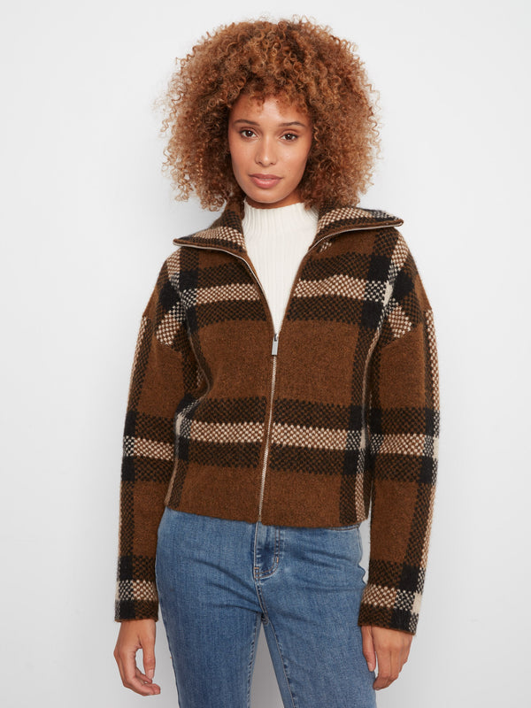Plaid Zip-Up Cardigan - Coffee