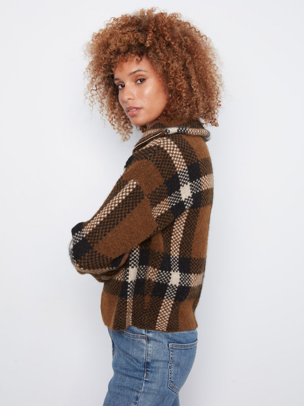 Plaid Zip-Up Cardigan - Coffee