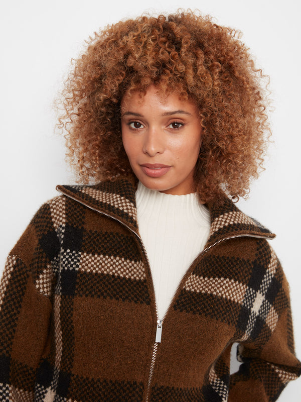 Plaid Zip-Up Cardigan - Coffee