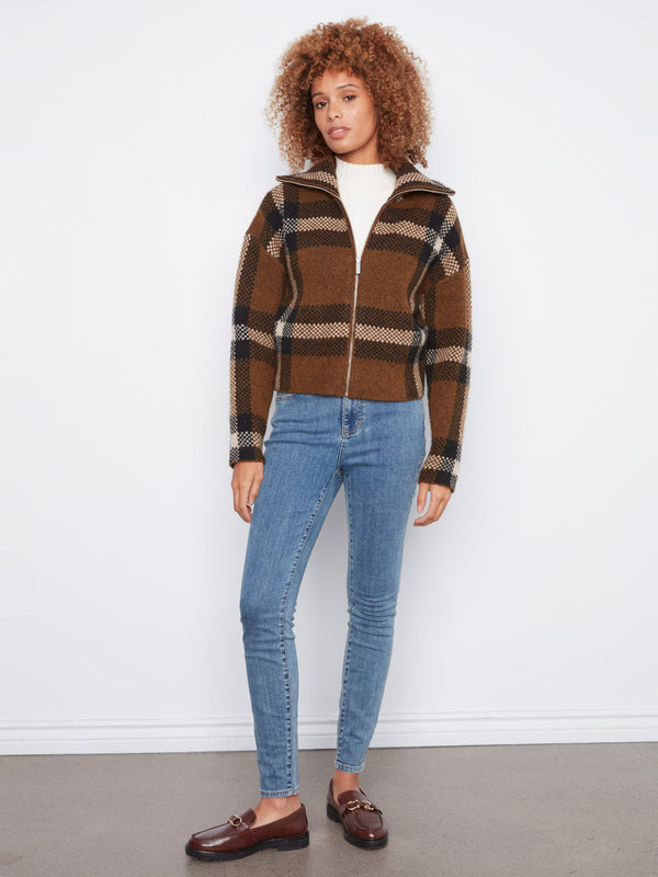 Plaid Zip-Up Cardigan - Coffee