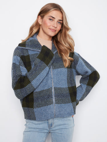 Plaid jacket featuring a classic Johnny collar, perfect for casual outings. By Charlie B.