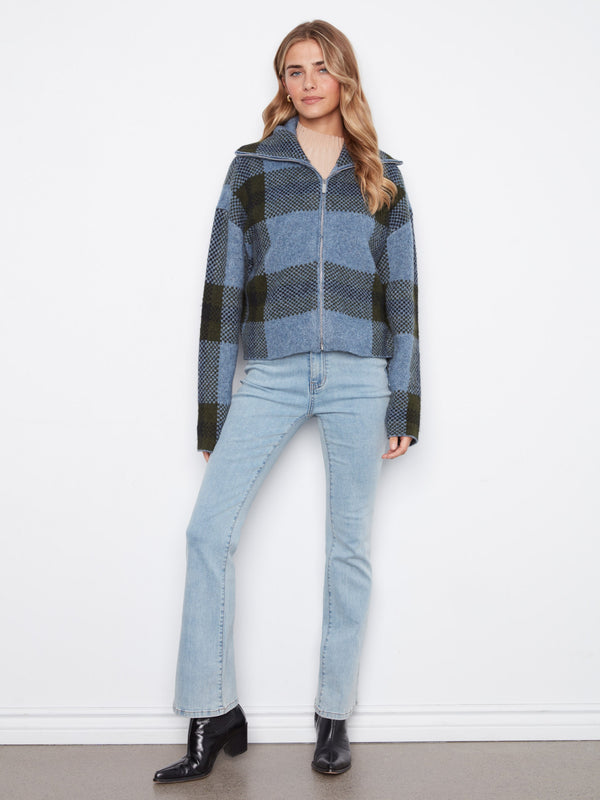 Plaid Zip-Up Cardigan - Denim