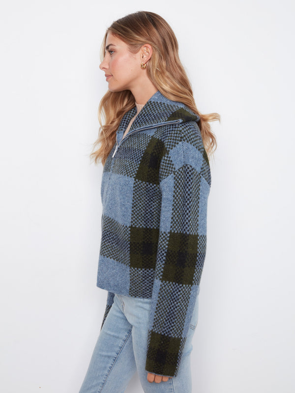 Plaid Zip-Up Cardigan - Denim