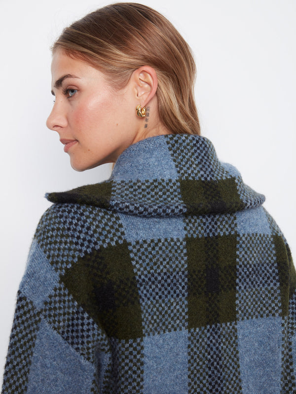 Plaid Zip-Up Cardigan - Denim