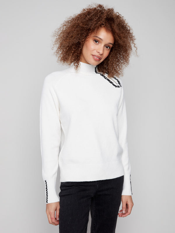 Plush Sweater With Heart Stitch And Zipper Detail - Ecru