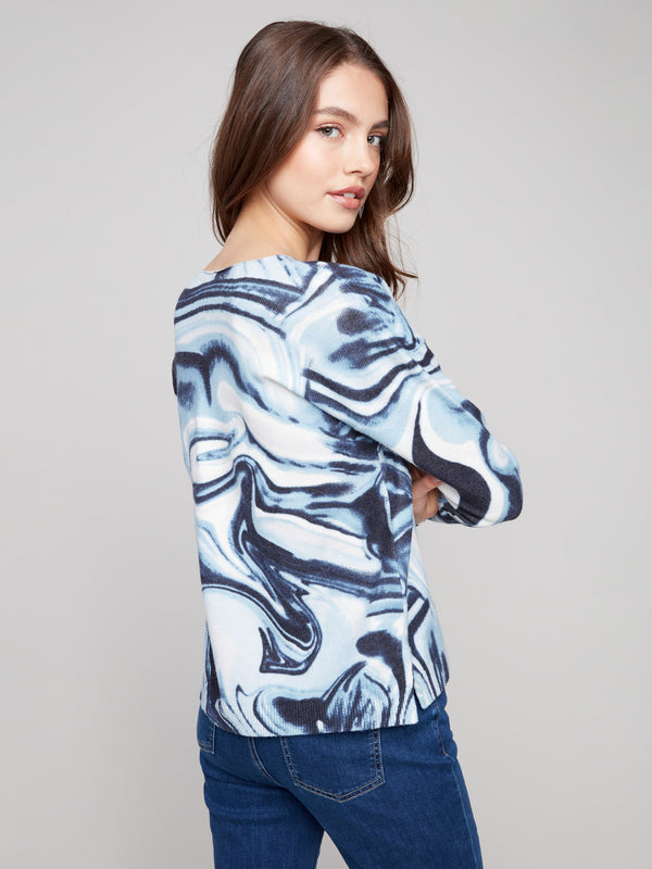Printed Plush Knit V-Neck Sweater - Blue Swirl