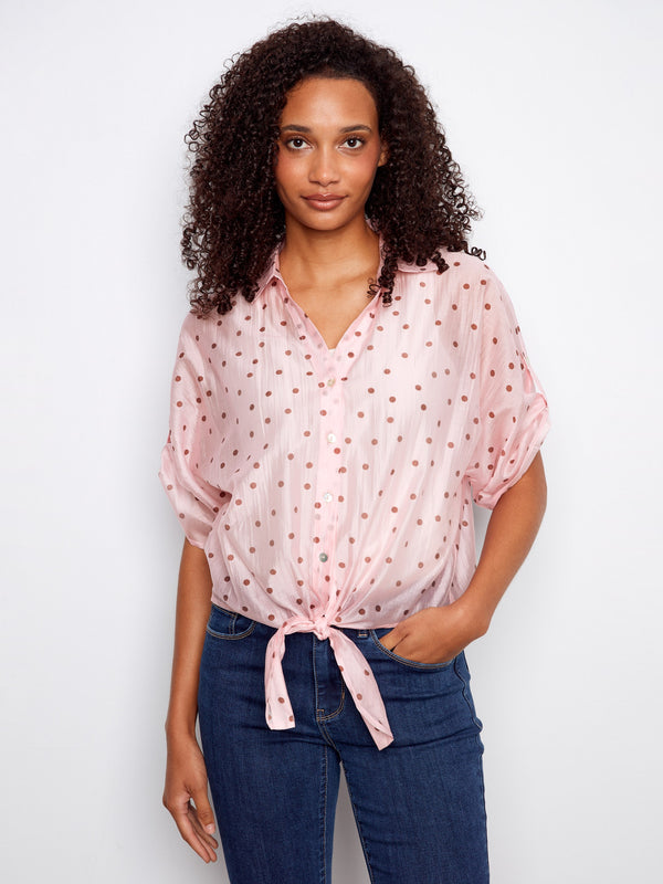 Polka Dot Front-Tie Blouse - Peony