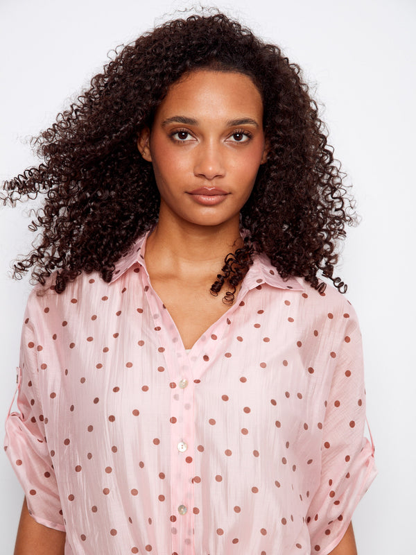 Polka Dot Front-Tie Blouse - Peony