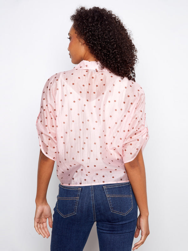 Polka Dot Front-Tie Blouse - Peony