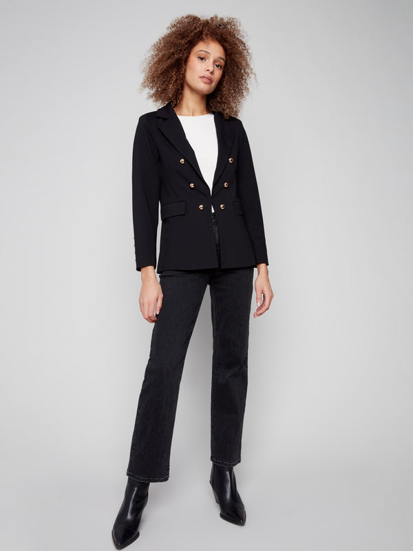 Sophisticated black blazer featuring a hook-and-eye front closure and luxurious gold button accents by Charlie B.
