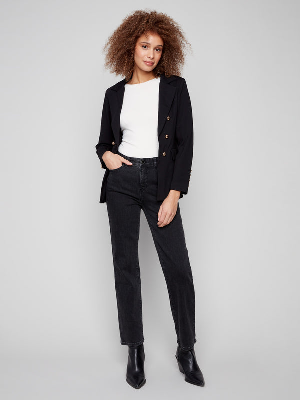 Stylish black blazer highlighted by its refined hook-and-eye front closure and eye-catching details by Charlie B.