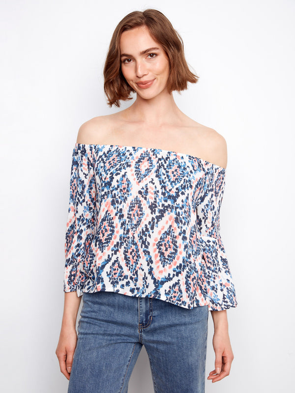 Off-the-shoulder top with 3/4 sleeves, crafted from breathable lightweight material by Charlie B.
