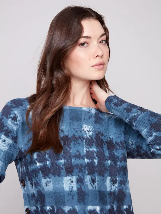 Printed Boat Neck Sweater With Side Buttons - Shadow