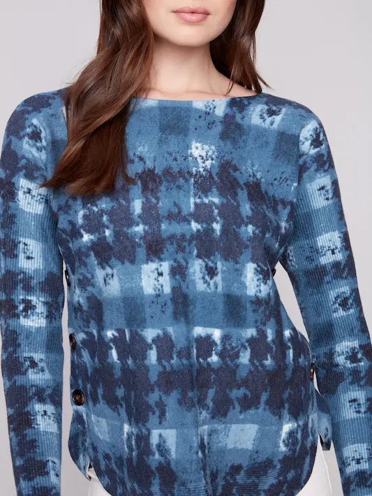 Printed Boat Neck Sweater With Side Buttons - Shadow