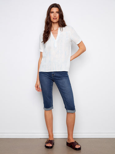 Chic white blouse with blue stripes and comfortable short sleeves, made of 100% cotton by Charlie B.