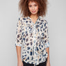 Semi-sheer animal print blouse with adjustable roll-up sleeves by Charlie B.