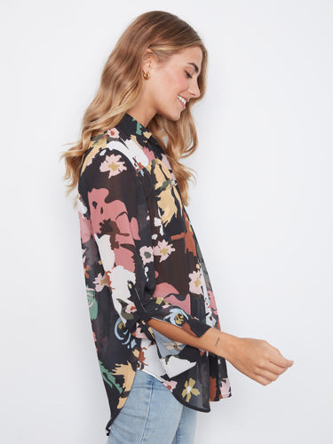 Long sleeve floral blouse showcasing the front tie option for a chic, customizable look by Charlie B.