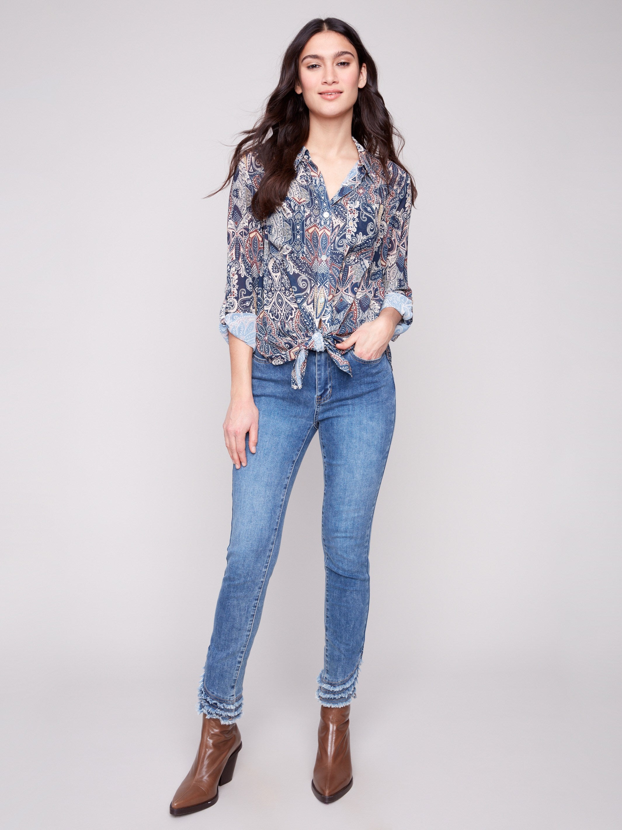 Stylish paisley blouse with shirt collar and button-down design, ideal for casual or formal wear by Charlie B.