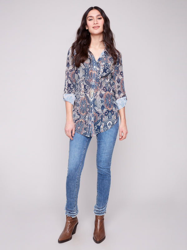 Chic paisley long-sleeve blouse crafted with semi-sheer material and stylish chest pocket details by Charlie B.