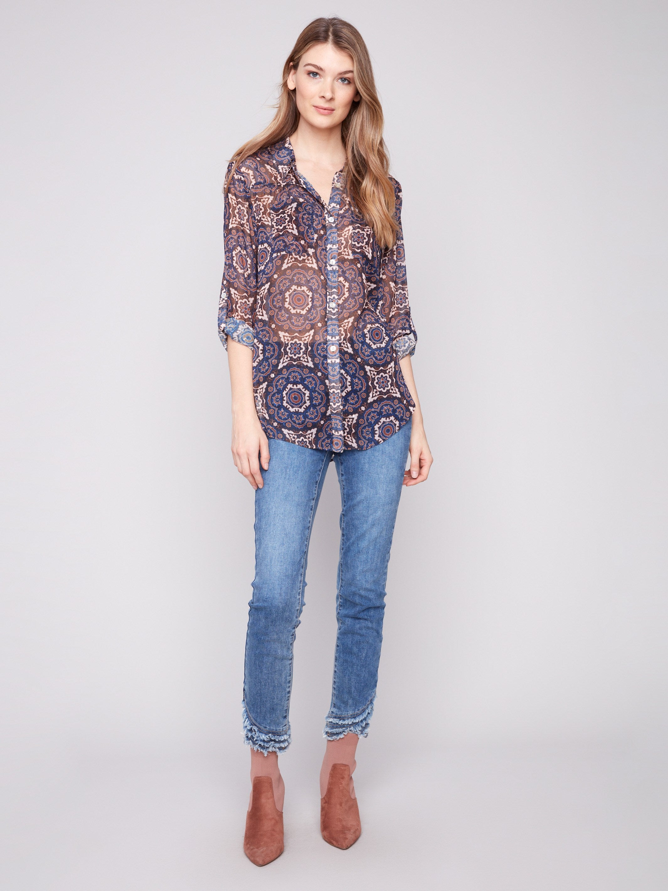 Printed dobby blouse featuring a classic shirt collar and button-down design by Charlie B.