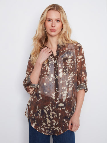 Chic button-front closure shirt, showcasing adjustable roll-up sleeves for versatile styling by Charlie B.
