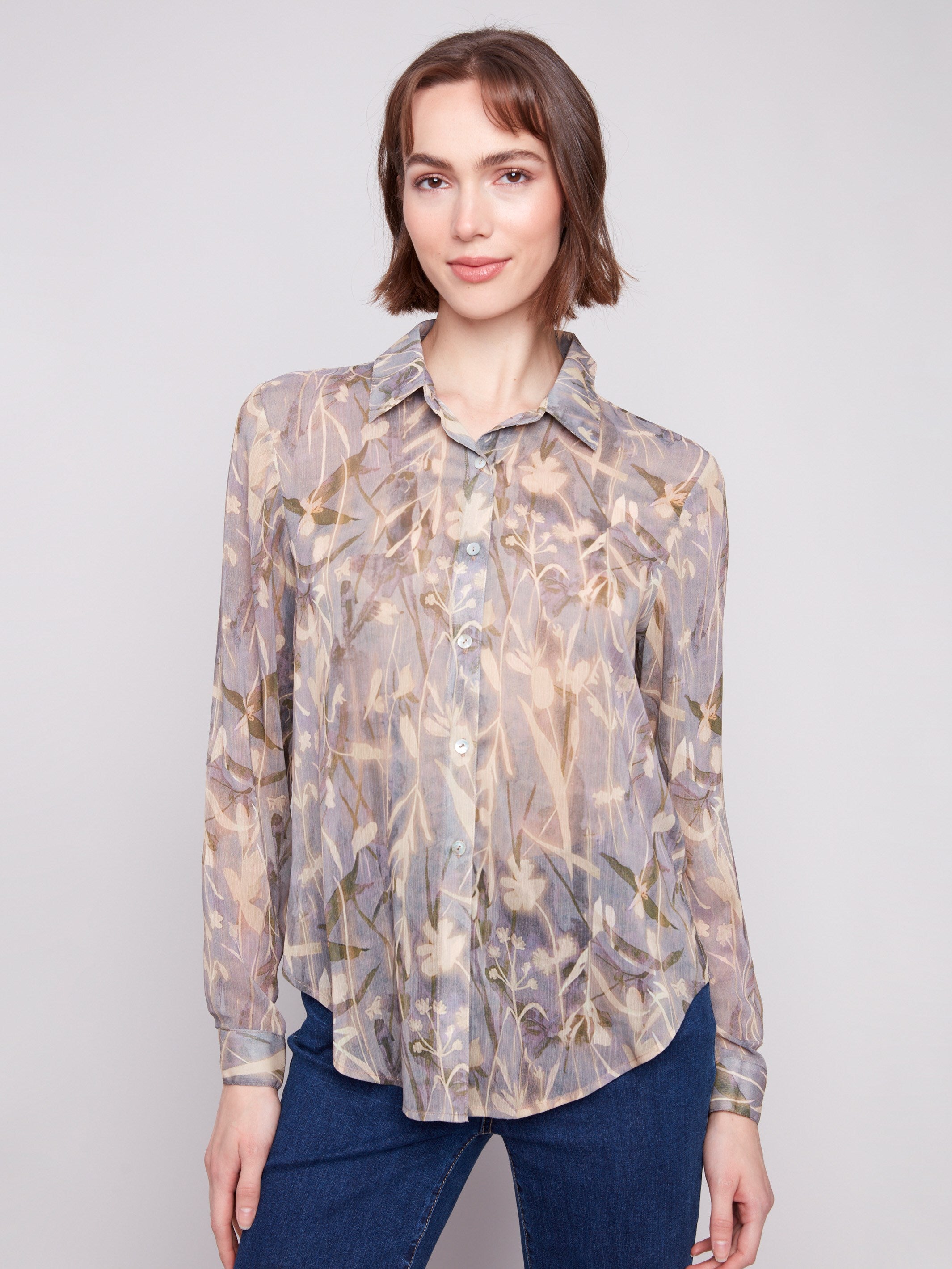 Floral chiffon shirt featuring a classic shirt collar, perfect for versatile styling by Charlie B.