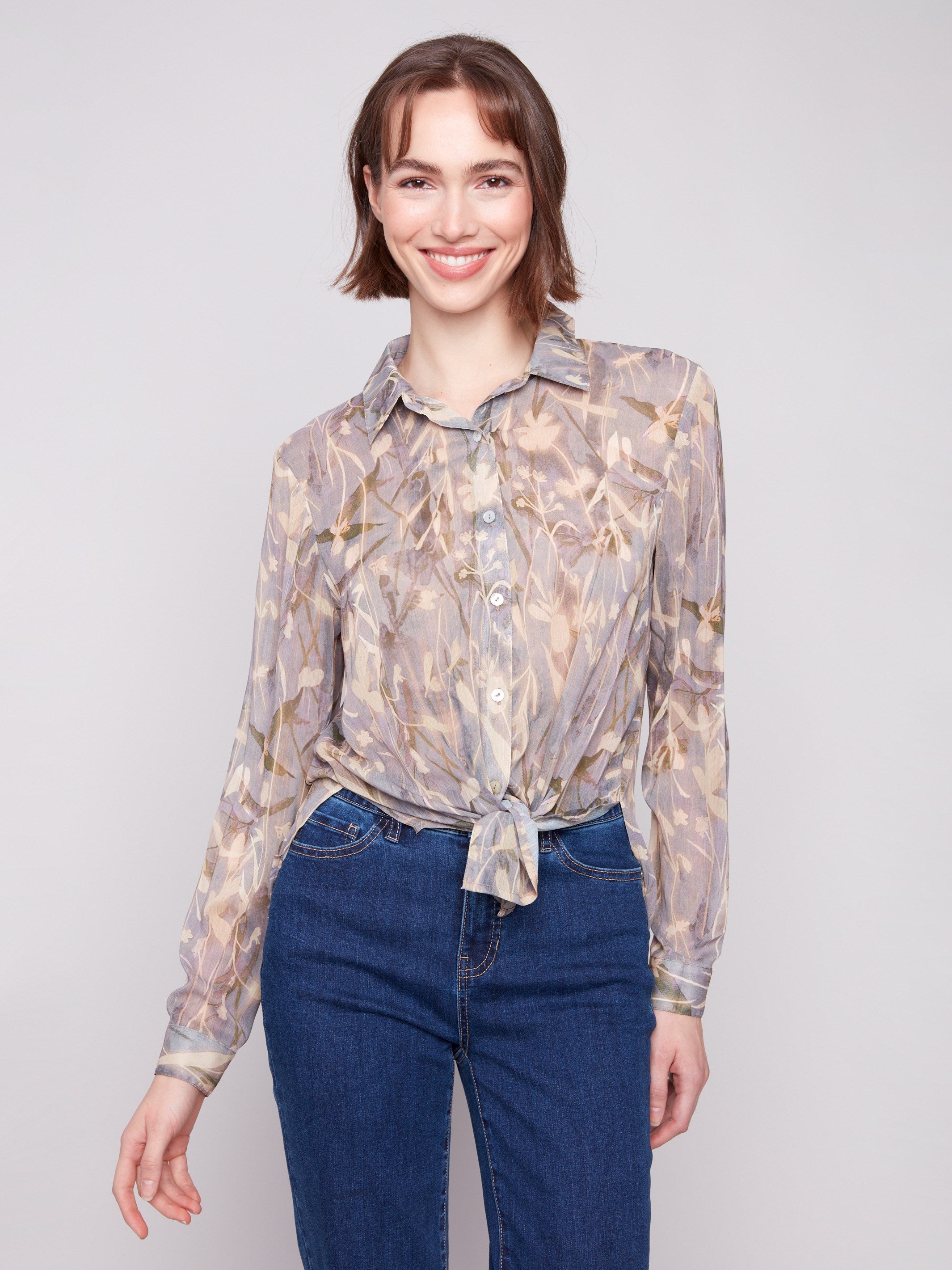Button-down chiffon shirt with a stylish front tie option, ideal for casual elegance by Charlie B.