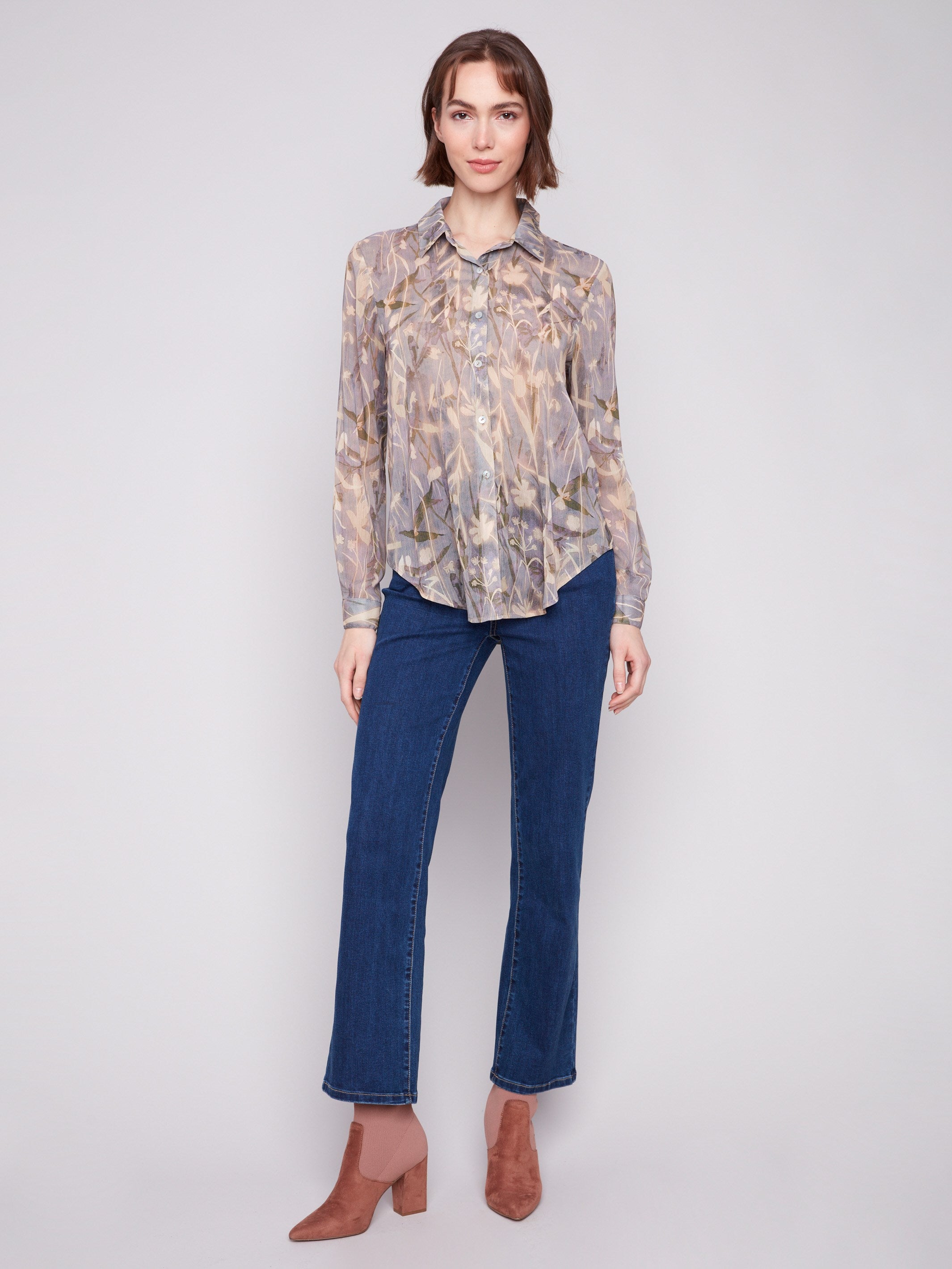 Long sleeve chiffon blouse with chic floral print and effortless style options by Charlie B.