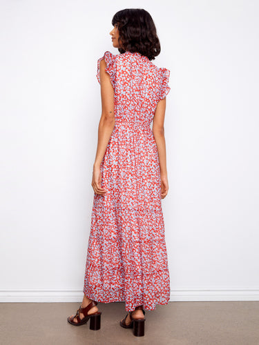Stylish red floral print dress with delicate cap ruffle sleeves, adding flair to your wardrobe. By Charlie B.
