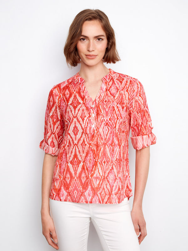Printed Cotton Blend Half-Button Blouse - Scarlet