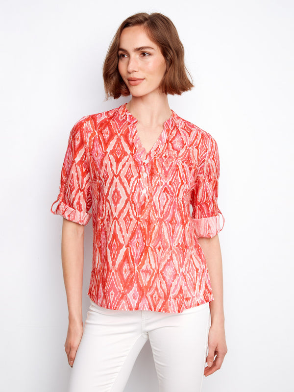 Printed Cotton Blend Half-Button Blouse - Scarlet