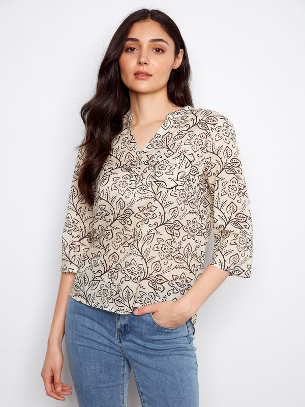 Printed Cotton Blend Half-Button Blouse - Karine